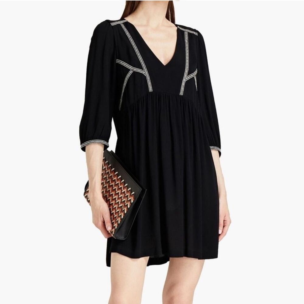 ba&sh Black Embroidered Alma Dress Contrast Stitch Flowy Boho Mini Size XS